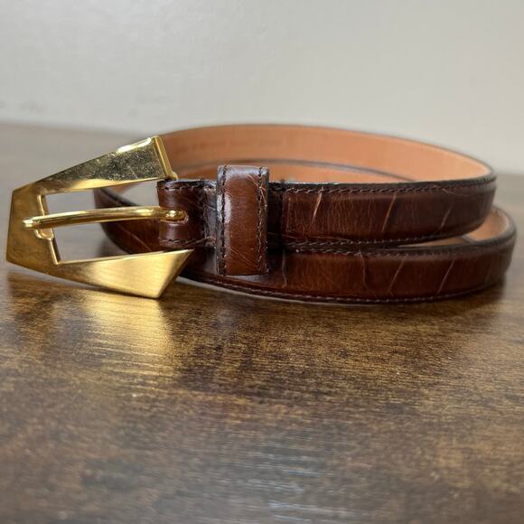 VTG Avignon Belt MEDIUM Skinny Genuine Leather Crocodile Brown Gold Buckle 90s - Picture 1 of 10